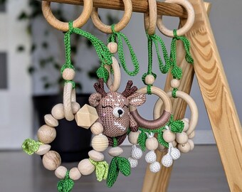 Crochet Deer Baby Gym Toys: Wooden Toy, Sensory Newborn Gift