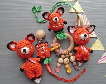 Crochet Fox Baby Gift Set: Handmade Rattle, Dummy Clip, Stuffed Animal & Hanging Toy
