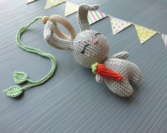 Hanging toy for stroller with stuffed animal Bunny. Baby shower gift for boy or girl. Baby toy for pram. First gift for newborn