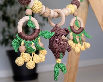 Stroller Chain with Bear Rattle - Natural Wooden and Cotton Sensory Toy for Baby