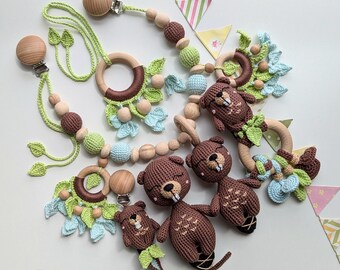 Beaver Baby Gift Set: Pacifier Clip, Rattle, Stuffed Animal, Hanging Toy, Stroller Chain