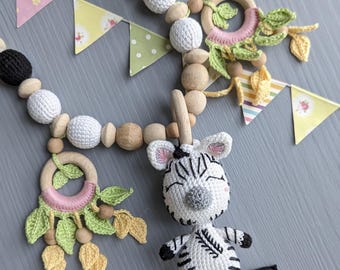 Crochet Zebra Stroller Chain: Natural Baby Toy, Sensory Gift