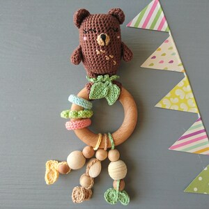 Handmade Crochet Bear Baby Rattle: Sensory Wooden Toy