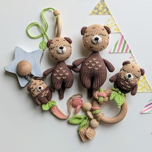 Otter Themed Baby Gift Set. Crochet Toys Bundle: Pacifier Clip, Baby Rattle, Stuffed Animal, Hanging Toy. Gender-Neutral Baby Shower Gift