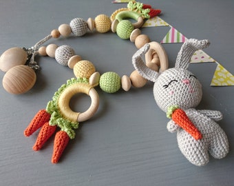 Crochet Bunny Stroller Chain: Personalized Baby Toy, Gender Neutral Gift