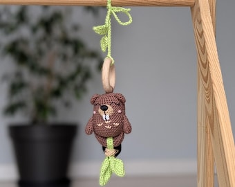 Hanging Toy Beaver Baby Rattle: Stroller Toy, Crochet Montessori Toys