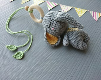 Baby toy for stroller. Cute stuffed elephant. Baby shower gift for boy or girl. Hanging toy for pram. First gift for newborn