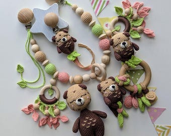 Crochet Otter Baby Gift Set: Newborn Rattle, Pacifier Clip, Stroller Chain & Stuffed Animal