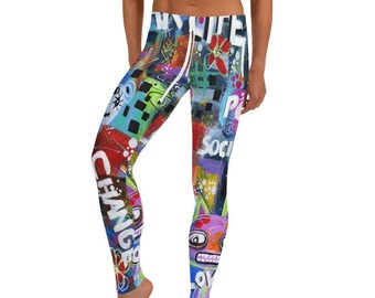 Women's Leggings, Graffiti, Blue, Yoga Leggings, Graphic Print, Stretch Pants, Gym, Spandex, Activewear, Sportswear