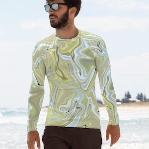 Men&#39;s Rash Guard, XS-3XL, Long Sleeve, Pullover, Green, Yellow, Beige Tops, UPF 50, Surfer Tops, Swimwear, Sportswear, Beachwear
