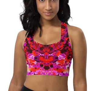 Women&#39;s Longline Sports Bra, Eco-friendly, Racerback Sports Bra, Pink Colorful Print, Plus XS-3XL, Exercise Bra, Athletic Tops, Yoga Tops