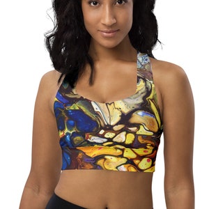 Women&#39;s Longline Sports Bra, Eco-friendly, Racerback Sports Bra, Colorful Crop Top, Plus XS-3XL, Exercise Bra, Athletic Tops, Yoga Tops