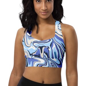 Women&#39;s Longline Sports Bra, Eco-friendly, Racerback Sports Bra, Blue Print, Plus XS-3XL, Exercise Bra, Athletic Tops, Gym Bra, Yoga Tops