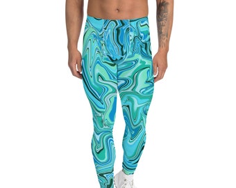 Men's Leggings, Spandex, Tights, Blue Graphic Print, Activewear, Stretch Pants, Gym Leggings, Sportswear, Yoga Leggings, Athleisure