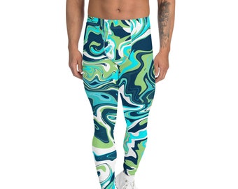 Men's Leggings, Yoga Leggings, Blue Green Abstract Print, Casual Leggings, Gym Leggings, Sports Leggings, Sun Protection, Water Sports