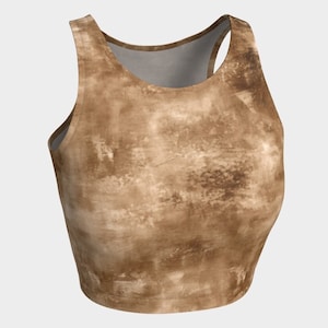Damen athletisch sitzendes Crop Top, Gym Top, braunes Top, Yoga Top, ärmellose Oberteile, Spandex Top, Tank Top, Print Tops