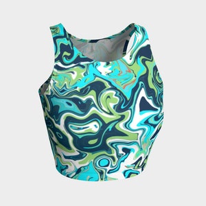 Damen Crop Tops, blaugrünes Crop Top, athletische Tops, Yoga Top, U-Ausschnitt, Workout, Übungsoberteile, Gymnastikoberteile, ärmellos, bunt