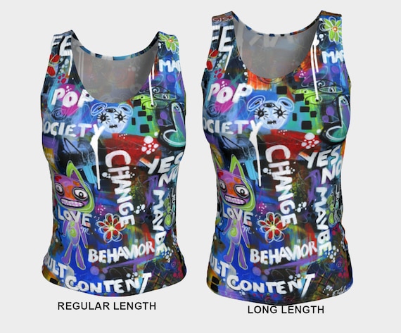 Women's Fitted Tank Top, Graffiti Printed Tops, Graphic Tees, Sleeveless,  Athletic, Sports Top, Colorful, Blue Tops, Ladies Tops, Stretchy 