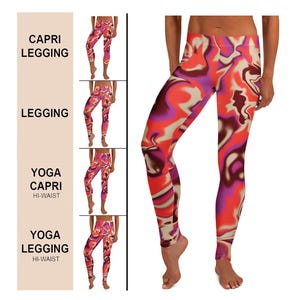 Women&#39;s Capris and Leggings, Orange Purple Print Leggings, Yoga Leggings, Activewear, Exercise Leggings, Gym Leggings, Workout Leggings