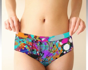 Women's Panties, Colorful Cheeky Briefs, Ladies Underwear, Spandex,  Peachskin Jersey, Colorful, Black, Graffiti Art 