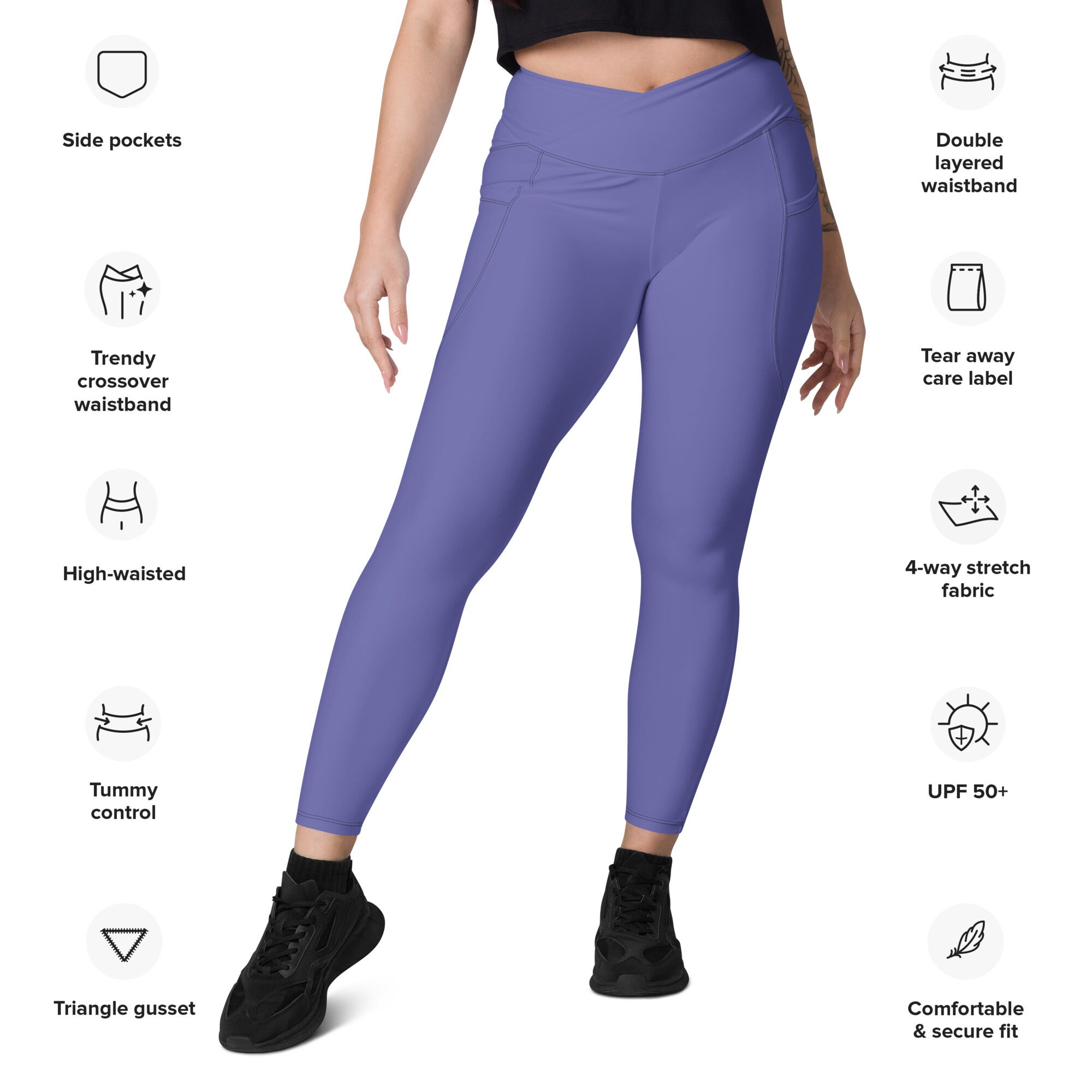 Women Leggings High Waist Purple Yoga Pants Tummy Control Pockets