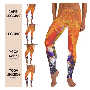 Women&#39;s Capris and Leggings, Orange Purple Print Leggings, Yoga Leggings, Activewear, Exercise Leggings, Gym Leggings, Workout Leggings