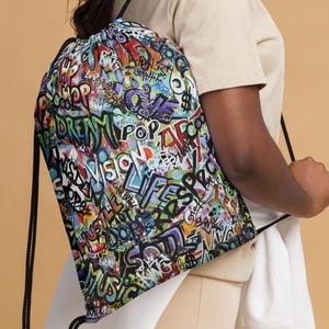 Unisex Drawstring Bag, Graffiti Art Print, Pouch, Slingbags, Drawstring Backpacks, School Bag, Sports Bag, Gym Bag, Travel, Overnight Bag