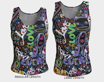 Women&#39;s Fitted Tank Top, Ladies Stretchy Tops, Graffiti Printed Tops, Graphic Tees, Sleeveless, Athletic, Sports Top, Colorful, Black Tops