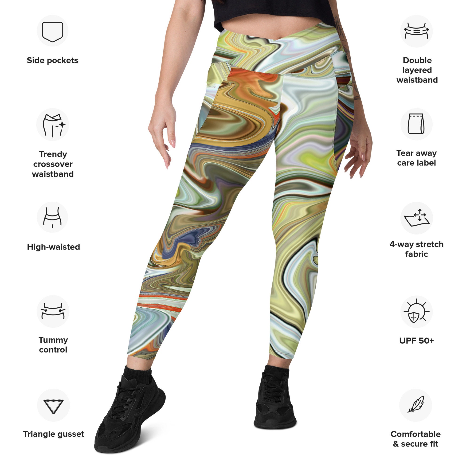 Women's Crossover Waist Leggings W Pockets, 2XS-6XL Plus, Yoga Leggings,  Multi-colored Abstract Print, Athleisure, Gym Pants, Yoga Pants 