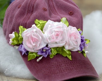 Wine Hat with Blush White Roses- Handmade Bridal Bouquet Baseball Cap Hat - Eternal Flowers - Girl Woman's Spring Easter Hat