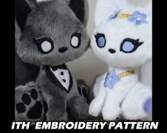 May include: A gray and white plush fox couple wearing a tuxedo and a wedding dress. The fox on the left is wearing a black bow tie and the fox on the right is wearing a gold necklace with a blue flower. The foxes are sitting next to each other and looking at the camera. "ITH EMBROIDERY PATTERN" is written in white letters on a black background at the bottom of the image.