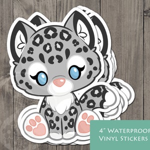 May include: A set of four 4-inch waterproof vinyl stickers featuring a cute cartoon snow leopard with gray fur and black spots. The snow leopard is sitting with its paws in front of it and has big blue eyes. The stickers are perfect for adding a touch of whimsy to laptops, water bottles, or other surfaces.