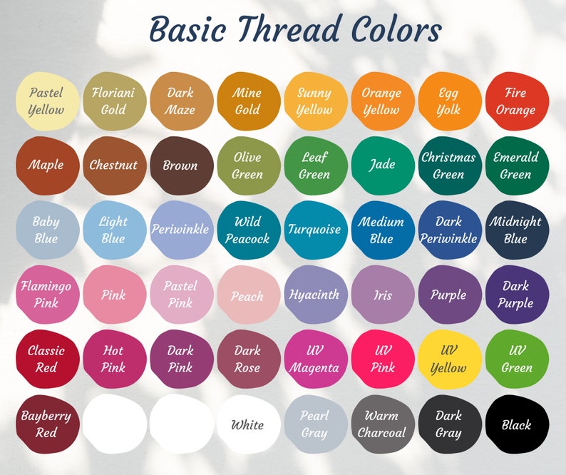 May include: A chart of thread colors with names for each color. The colors are arranged in rows and columns. The colors include pastel yellow, floriani gold, dark maze, mine gold, sunny yellow, orange yellow, egg yolk, fire orange, maple, chestnut, brown, olive green, leaf green, jade, christmas green, emerald green, baby blue, light blue, periwinkle, wild peacock, turquoise, medium blue, dark periwinkle, midnight blue, flamingo pink, pink, pastel pink, peach, hyacinth, iris, purple, dark purple, classic red, hot pink, dark pink, dark rose, uv magenta, uv pink, uv yellow, uv green, bayberry red, white, pearl gray, warm charcoal, dark gray, and black.