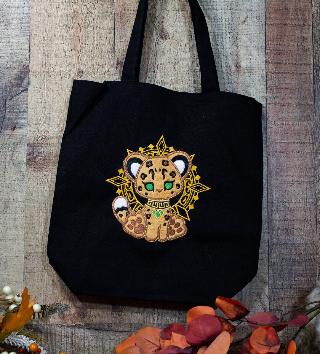 Jaguar Tote Bag Embroidered Mayan Incan Jaguar Plush Applique