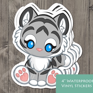 Sticker witte tijger - Toebean-stijl - Indiase Bengaalse tijger - Toebean pluche vinylsticker 4 inch