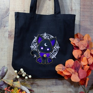 Luna Black Witch Cat Tote Bag - Embroidered Good Luck Black Witch Cat Plush Applique Embroidery Tote Bag