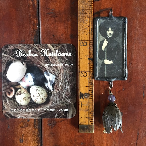 Victorian Witch Practical Magic Wiccan Bruja Dark Arts. Soldered Glass Pendant.