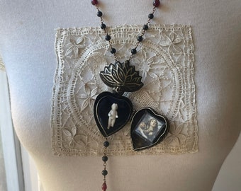 Rosary Antique rosary inspired ex voto sacred heart  French Brocante crucifix Virgin Mary frozen Charlotte necklace