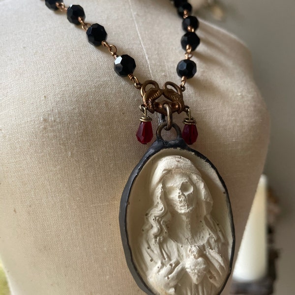 Antique French Religious Meerschaum Reproduction Soldered Pendant  Rosary Necklace Memento Mori Goth Victorian Mourning Jewelry Santa muerte