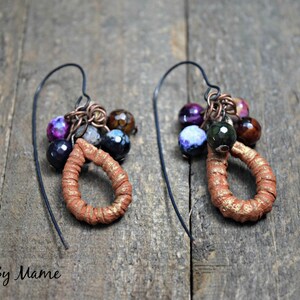 Rustic Boho Dangle Earrings, Gemstone Earrings, ScorchedEarth Ceramic Hoops, Textured, Organic, Earthy, Bohemian Jewelry, Gypsy, Handmade image 1