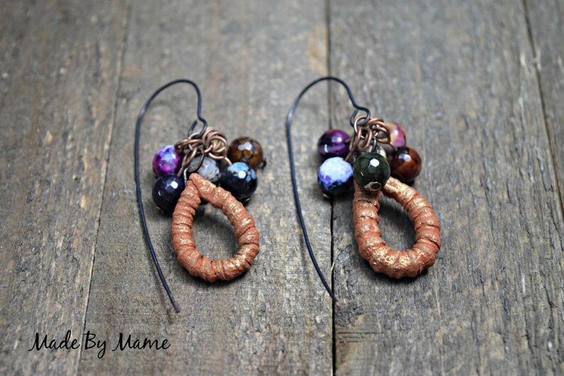 Rustic Boho Dangle Earrings, Gemstone Earrings, ScorchedEarth Ceramic Hoops, Textured, Organic, Earthy, Bohemian Jewelry, Gypsy, Handmade image 1