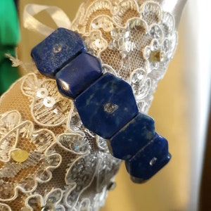 Lapis Lazuli Bracelet, Inlaid with Faceted Labradorite Gems, Stretch Band