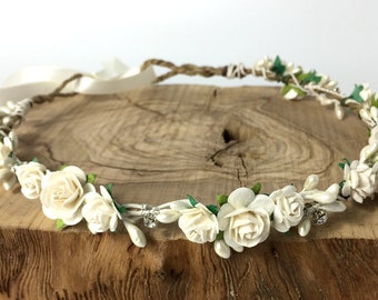 Flower Crown Wedding Headpiece, pale cream rose floral crown with diamantes, rustic wedding hair accessory