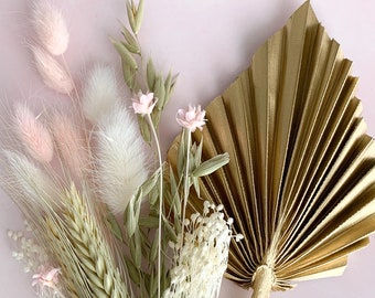 Gold palm and sage pink dried flower cake topper, palm spear bunch for cake decoration