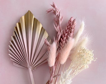 Pink dried flower cake topper, pink gold palm spear bunch, flowers for cake decor, bridesmaid flowers