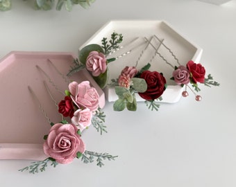 Dusky Pink Wedding Hair Pins Set of 5, Deep red and dusky pink Botanical Style Bridal Hair Pins, Ivory and blush pink roses with greenery,