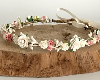 Flower Crown Wedding, coral gypsophila and rose floral crown, spring wedding hair accessories, cream and coral floral crown