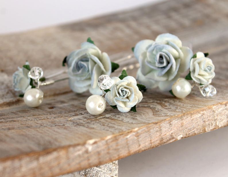 Blue Hair Pins Set, Wedding Hair Pins, Bridal Hair Accessories, Something Blue, Blue Rose Bridal Hair Clips, Rustic Hair Accessories image 2