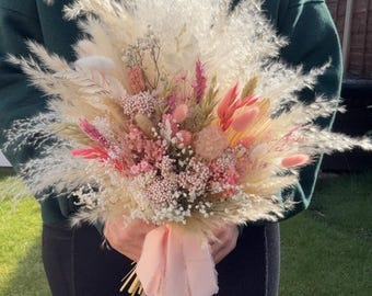 Pampas bridal bouquet, dried flower wedding bouquet, bridesmaid bouquet, destination wedding, sage and coral wedding bouquet