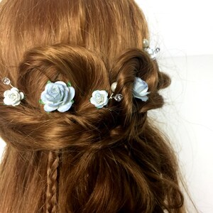 Blue Hair Pins Set, Wedding Hair Pins, Bridal Hair Accessories, Something Blue, Blue Rose Bridal Hair Clips, Rustic Hair Accessories image 4